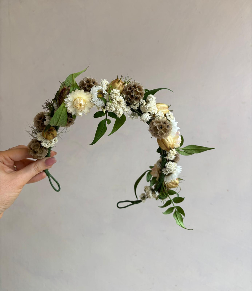A dried floral wreath held in hand